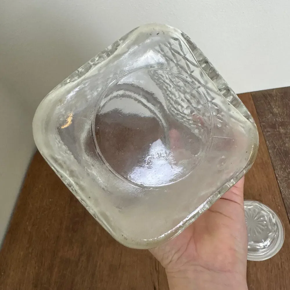 Vintage Clear Pressed Glass Diamond Point Square Apothecary Jar Canister Lid‎